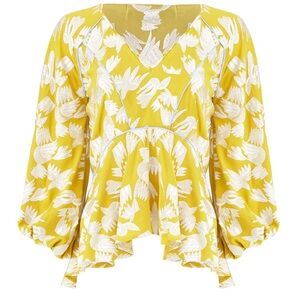 Hunter Bell Yellow Floral V-Neck Peplum Blouse | Small